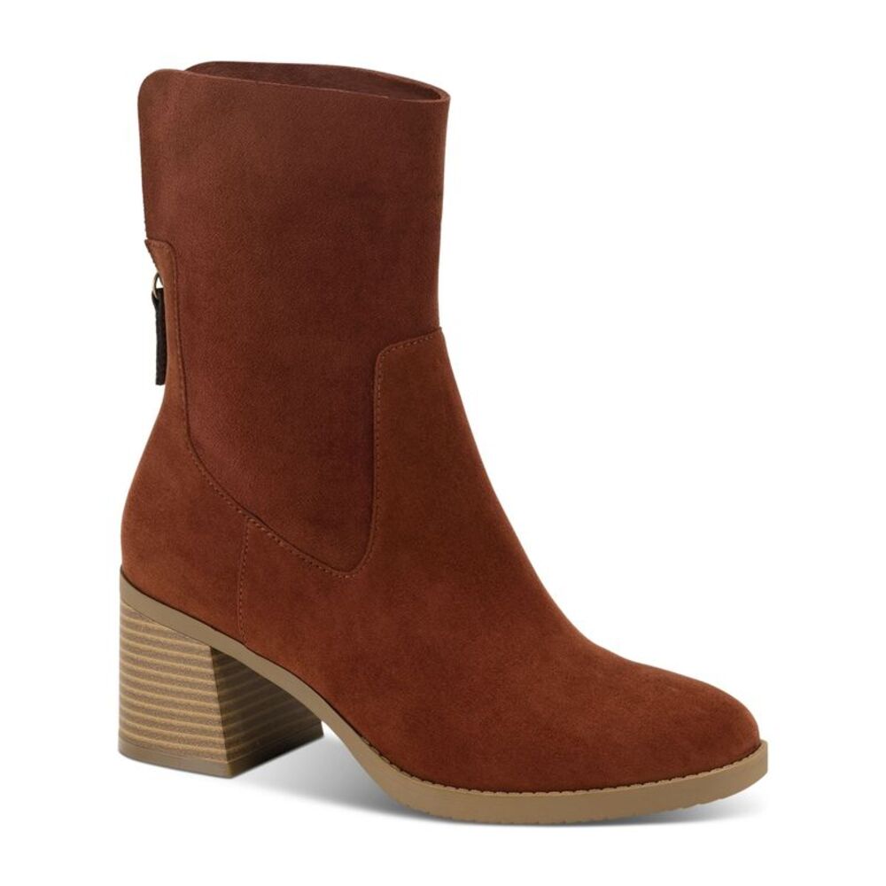 SUN STONE Womens Brown Stretch Lyraa Round Toe Block Heel Zip-Up Booties 5 M
